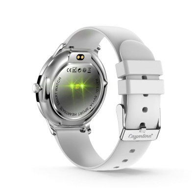 Relógio inteligente branco com parte traseira metálica e luzes verdes LED