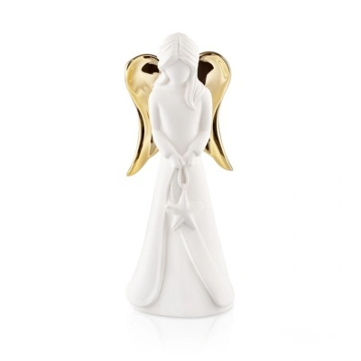 Estatueta de anjo branco com asas douradas e estrela