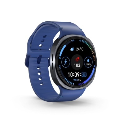 Smartwatch com pulseira azul e ecrã redondo digital a cores