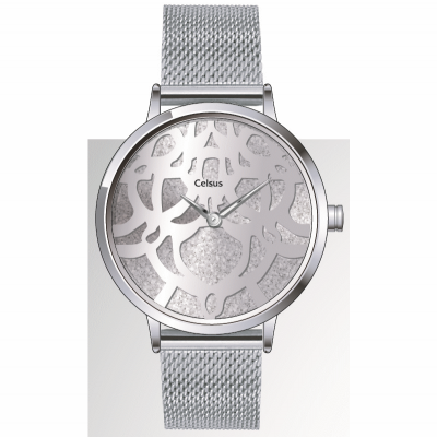 Relógio prateado Celsus com padrão floral no mostrador