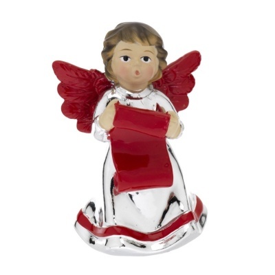 Figurinha de anjo decorativa com asas vermelhas e vestido prateado