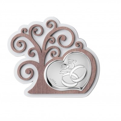Moldura decorativa em forma de árvore com coração metálico e gravação 25°