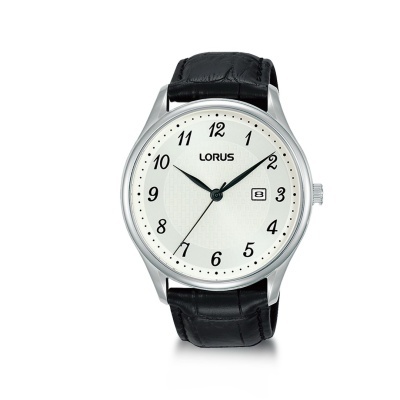 Relógio analógico LORUS com caixa prateada e bracelete preta em pele