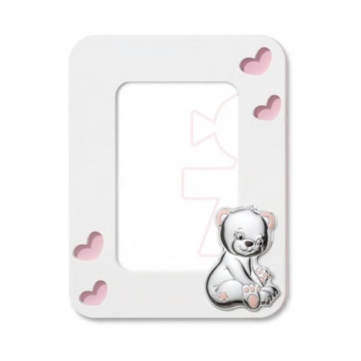Moldura branca para fotos com corações cor-de-rosa e ursinho prateado