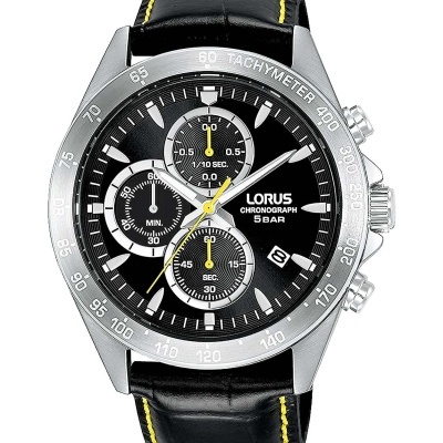 Relógio Lorus Chronograph com bracelete em pele preta e costuras amarelas