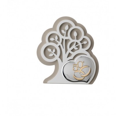 Objeto decorativo árvore branca com coração prateado e dourado 50