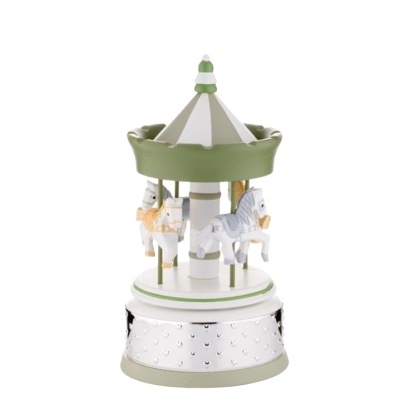 Carrossel musical decorativo verde, branco e cinza com base metálica prateada