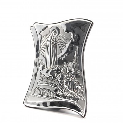 Placa decorativa metálica com imagem religiosa de Nossa Senhora de Fátima