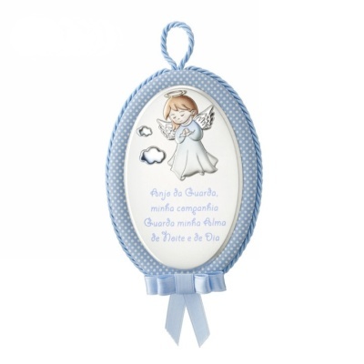 Moldura oval azul com figura de anjo e texto religioso em português