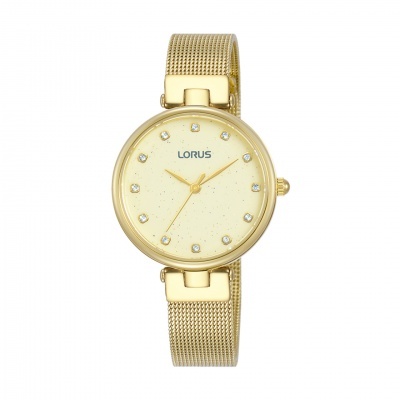 Relógio feminino dourado Lorus com bracelete de malha e mostrador com pedras.