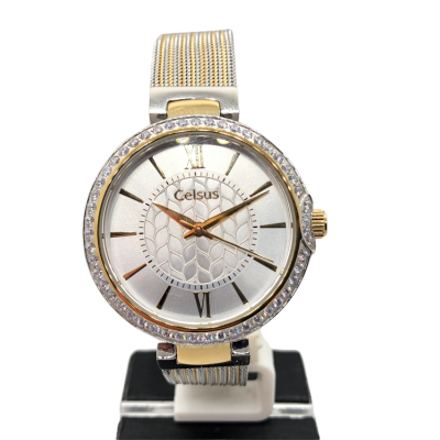 Relógio de pulso Celsus com caixa redonda prateada e dourada e bracelete metalizado