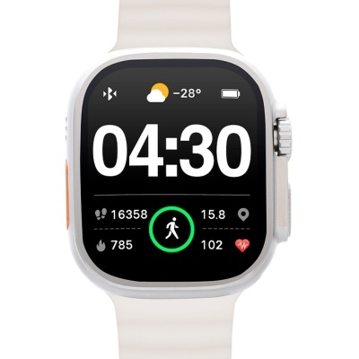 Relógio inteligente com bracelete branca e ecrã tátil a cores.
