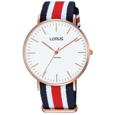 Relógio Lorus com caixa dourada e pulseira de tecido às riscas azul, vermelho e branco