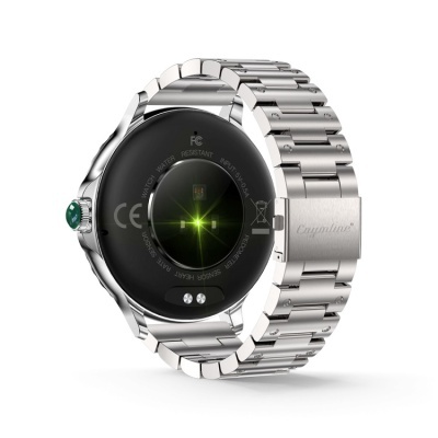 Relógio inteligente de metal prateado com sensor de frequência cardíaca e bracelete metálica