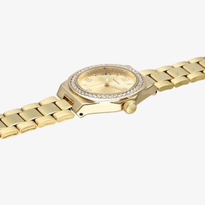 Relógio dourado com bracelete metálica e cristais decorativos ao redor do mostrador