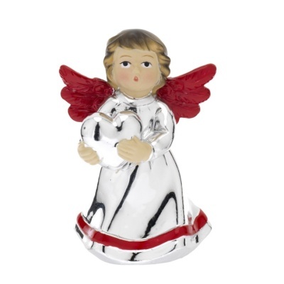 Estatueta de anjo com vestido prateado e asas vermelhas segurando um coração