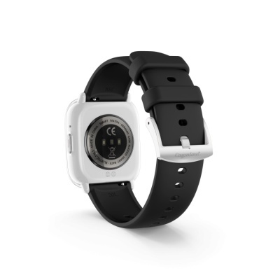 Relógio inteligente branco com bracelete preta de silicone