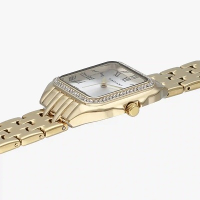 Relógio de pulso dourado com mostrador quadrado e pedras brilhantes