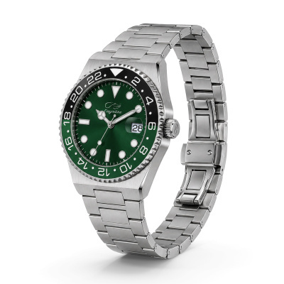 Relógio de pulso com mostrador verde e bracelete metálica prateada