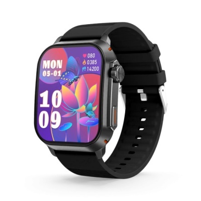 Relógio inteligente preto com ecrã digital colorido e pulseira preta