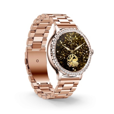 Relógio feminino metálico rosa dourado com mostrador redondo e acabamento brilhante