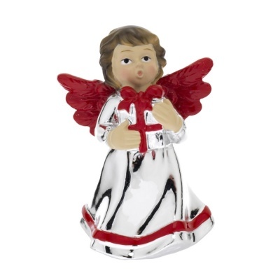 Estátua de anjo com vestido prateado e detalhes vermelhos