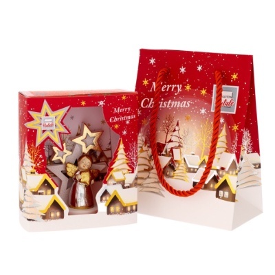 Conjunto de decoração de Natal com anjo e estrelas douradas em caixa e saco de oferta vermelho com tema natalício