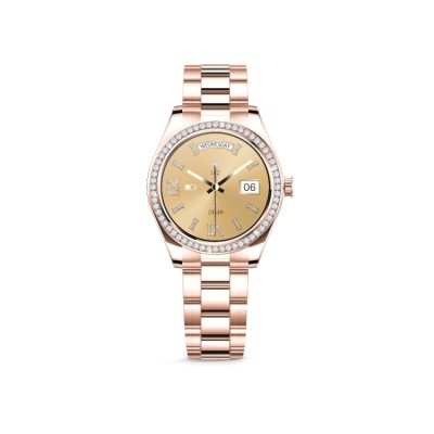 Relógio de pulso dourado rosé com bracelete metálica e cristais na moldura