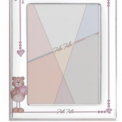 Moldura branca para foto de bebé com ursinho e corações rosa