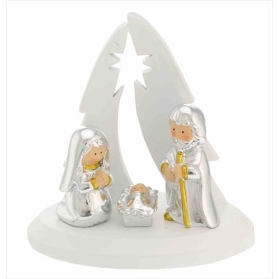 Figura decorativa de presépio com Maria, José, Menino Jesus e árvore de Natal branca com estrela