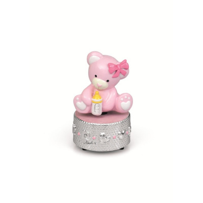 Urso cor-de-rosa sentado numa base prateada com mamadeira amarela.