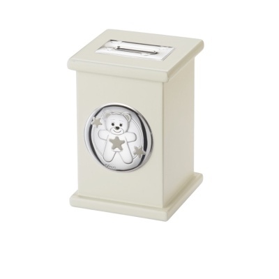 Poupança creme com ursinho metálico e estrelas