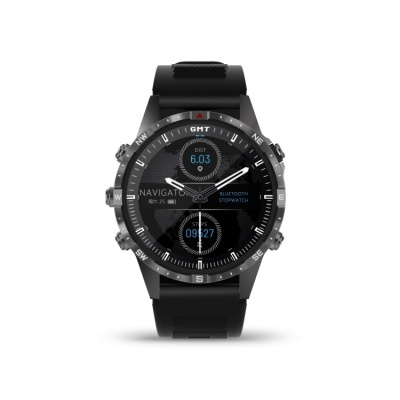 Relógio inteligente preto com ecrã digital e correia de silicone