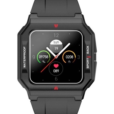 Relógio inteligente preto com mostrador digital e bracelete em silicone