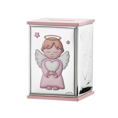 Mealheiro com desenho de anjo em tons rosa e bege segurando coração