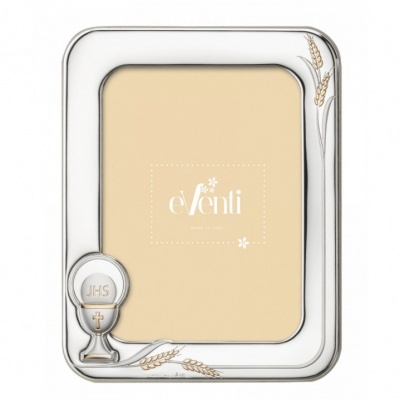 Moldura de fotografia com detalhes religiosos em metal prateado e dourado