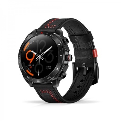 Relógio inteligente preto com bracelete de couro e detalhes vermelhos