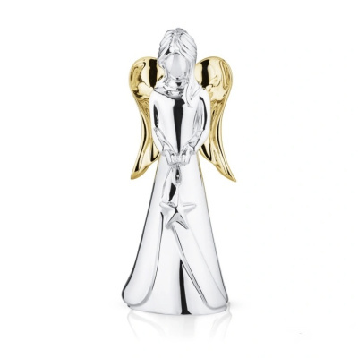 Estatueta de anjo prateada com asas douradas e estrela, fundo branco