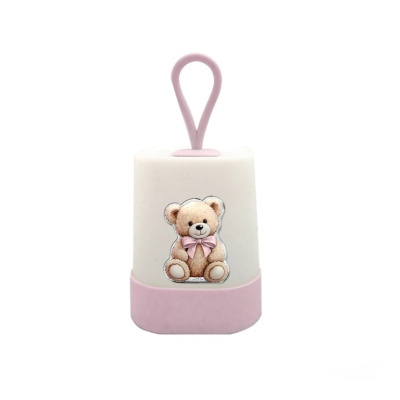 Luminária portátil branca e rosa com imagem de ursinho