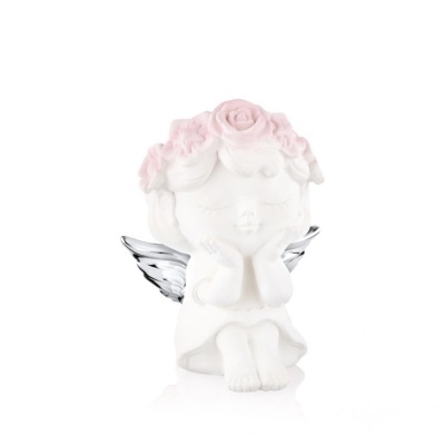 Estátua decorativa de anjo branco com asas prateadas e coroa de flores cor-de-rosa