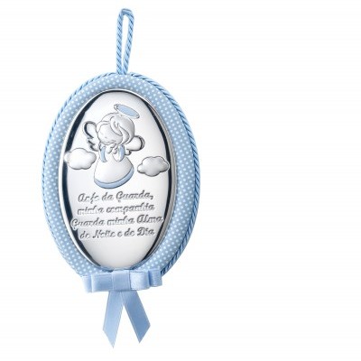 Quadro oval azul com anjo branco e texto em português
