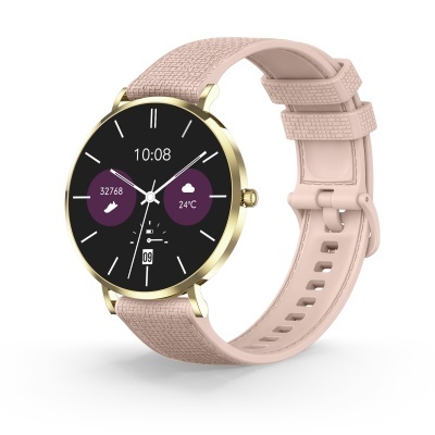Relógio inteligente com bracelete rosa e mostrador dourado e preto