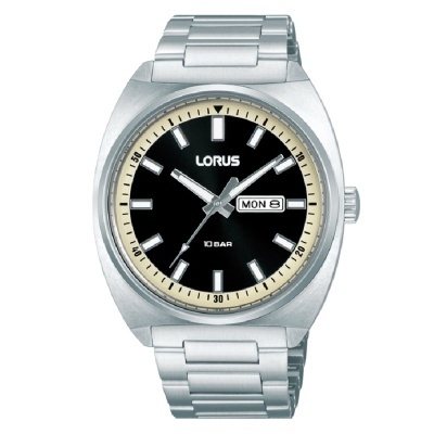 Relógio de pulso Lorus prata com mostrador preto e dia data MON 8