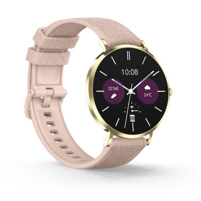 Relógio inteligente com bracelete rosa e ecrã redondo preto