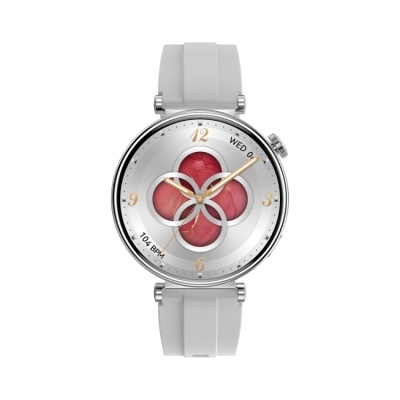 Relógio inteligente cinzento com mostrador redondo e detalhes dourados