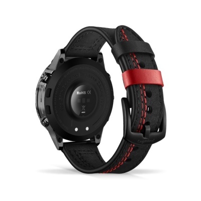 Relógio smartwatch com pulseira preta e vermelha visto por trás