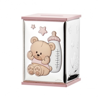 Mealheiro metálico com desenhos de ursinho e biberão cor de rosa