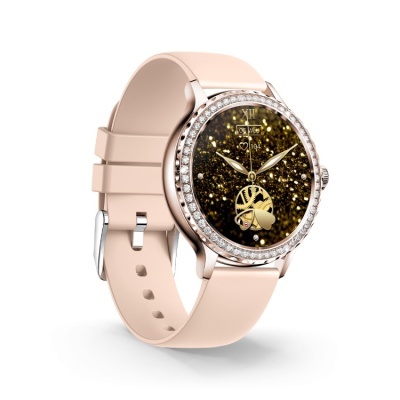 Relógio de pulso com bracelete bege e mostrador glitter dourado com pedras brilhantes