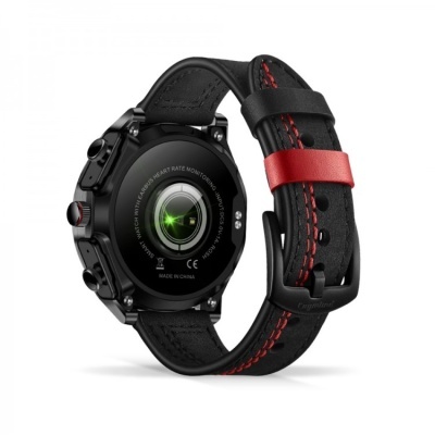 Relógio inteligente preto com bracelete preta e vermelha, visto de trás