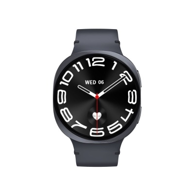 Relógio inteligente com bracelete cinza escuro e mostrador preto com números brancos